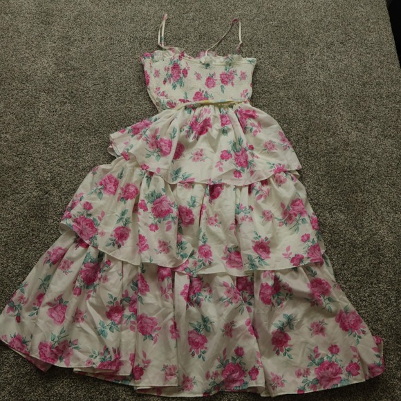 LoveShackFancy Dress Womens Small Pink Floral Tiered Maxi Smocked Ruffle Belted - Picture 2 of 13